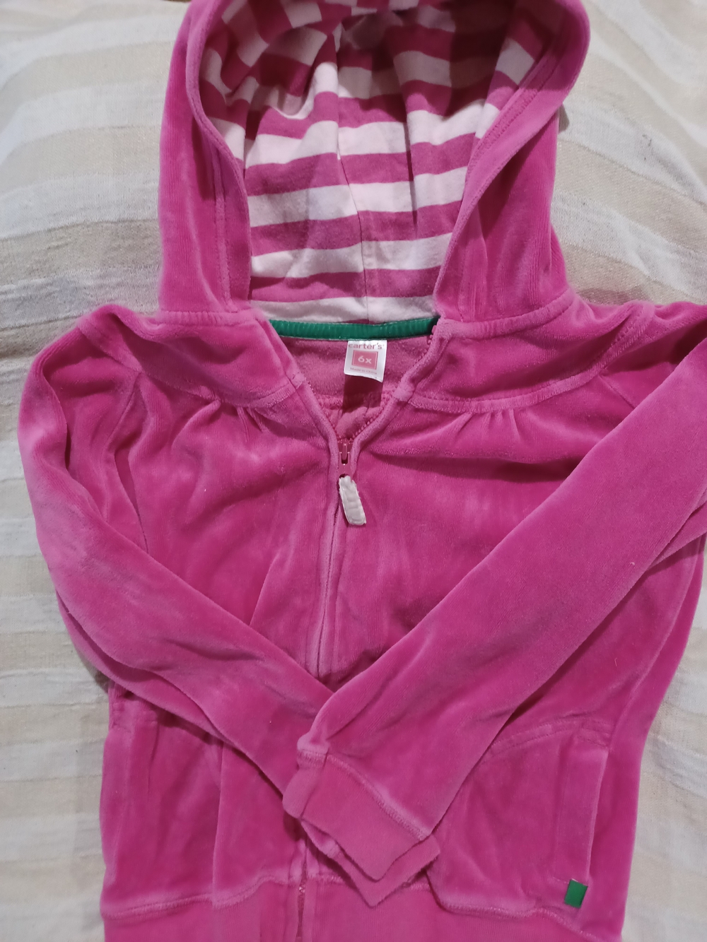 Carter's Velour Zip-Up Hoodie in Hot Pink with Striped Lined Hood